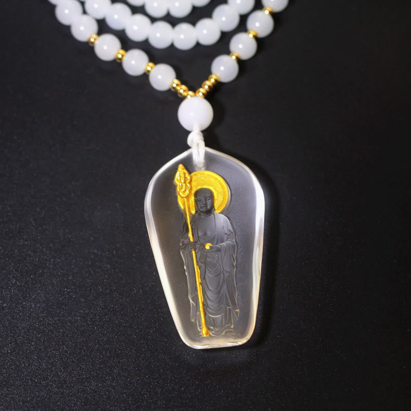 Collier pendentif en Buddha Stones tibétain, Bouddha Liuli, cristal Ksitigarbha Bodhisattva Sérénité - Ksitigarbha avec un sceptre et du blanc - image 1
