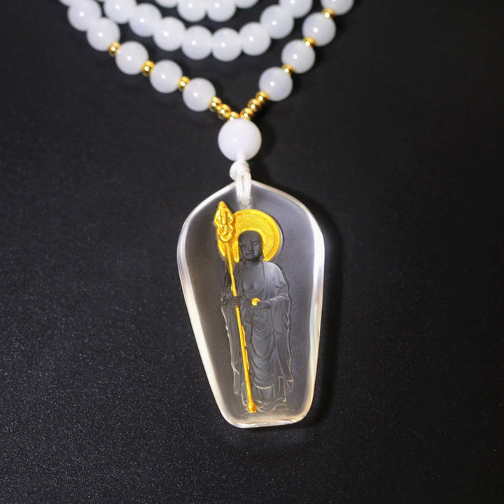 Collier pendentif en Buddha Stones tibétain, Bouddha Liuli, cristal Ksitigarbha Bodhisattva Sérénité - Ksitigarbha avec un sceptre et du blanc - image 1