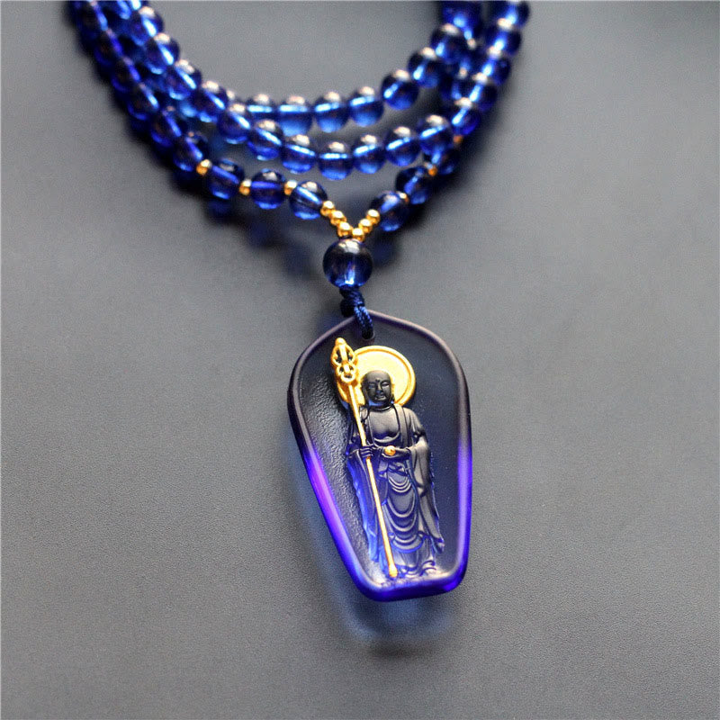 Collier pendentif en Buddha Stones tibétain, Bouddha Liuli, cristal Ksitigarbha Bodhisattva Sérénité - Ksitigarbha avec un sceptre et du bleu - image 0