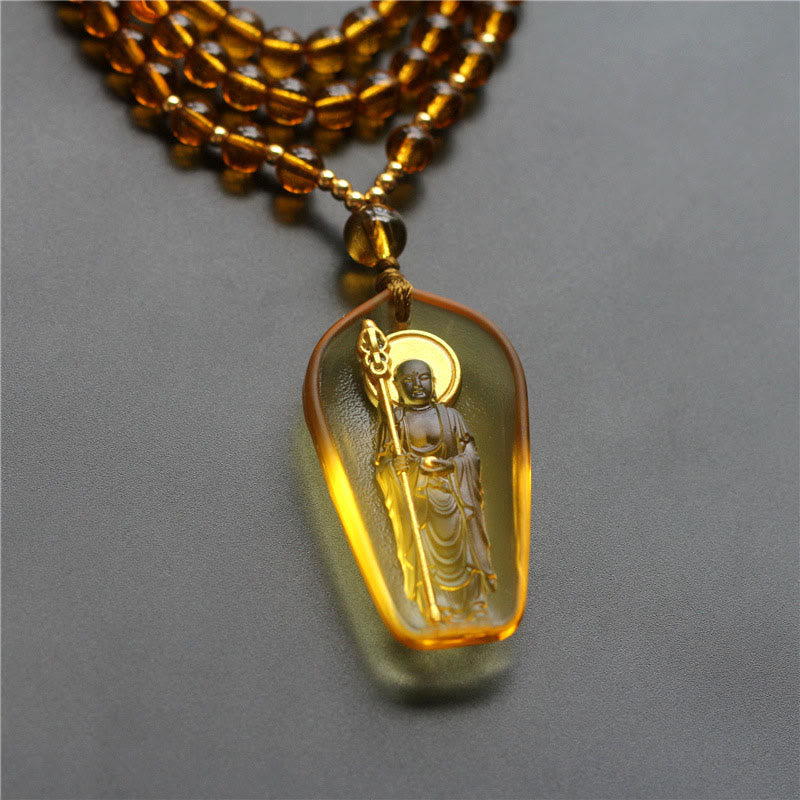 Collier pendentif en Buddha Stones tibétain, Bouddha Liuli, cristal Ksitigarbha Bodhisattva Sérénité - Ksitigarbha avec un sceptre et du jaune - image 2