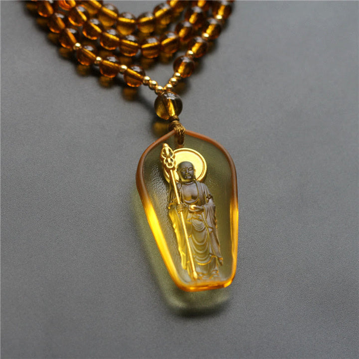 Collier pendentif en Buddha Stones tibétain, Bouddha Liuli, cristal Ksitigarbha Bodhisattva Sérénité - Ksitigarbha avec un sceptre et du jaune - image 2