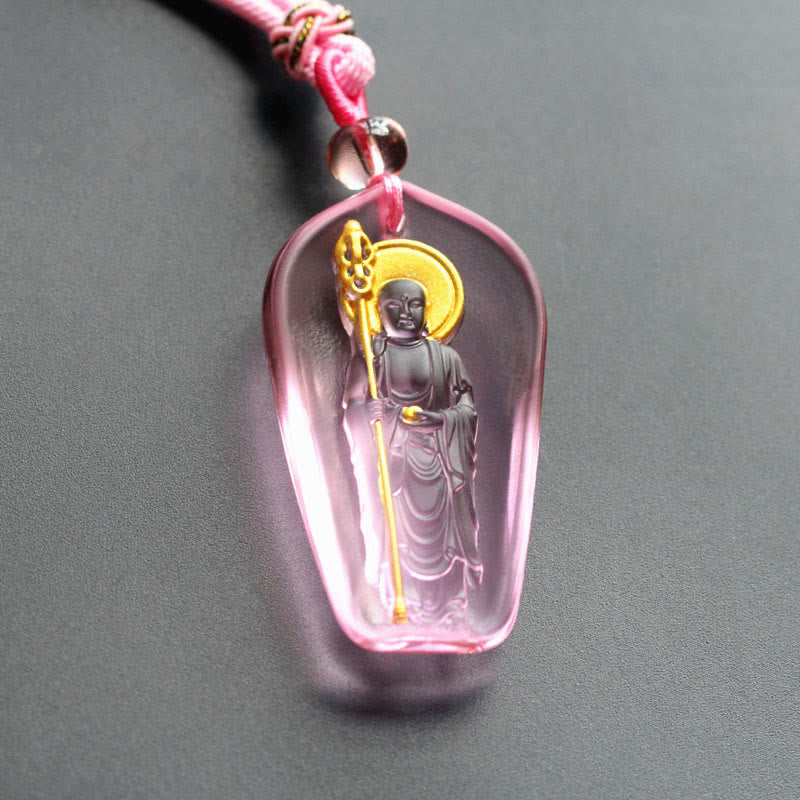 Collier pendentif en Buddha Stones tibétain, Bouddha Liuli, cristal Ksitigarbha Bodhisattva Sérénité - Ksitigarbha avec un sceptre et du rose - image 3