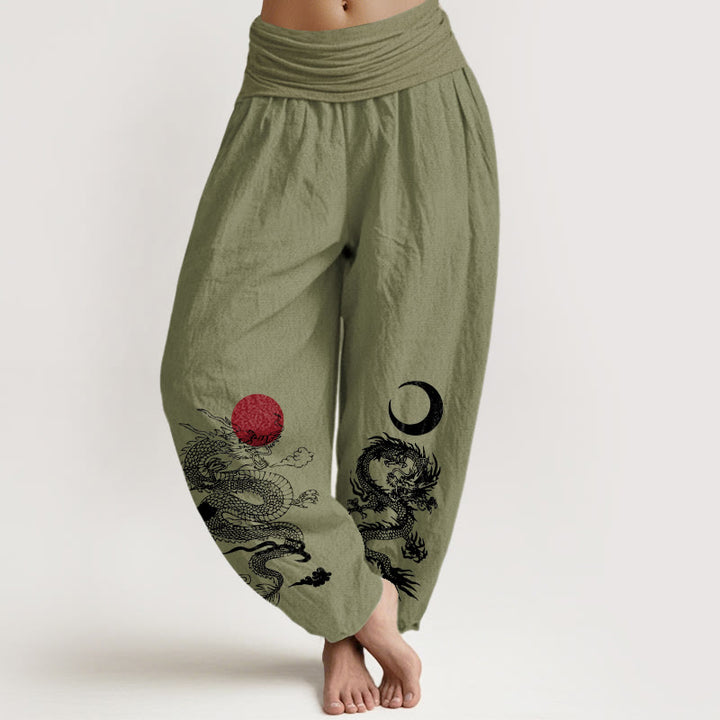 Pantalon Buddha Stones taille élastique pour femme en pur coton avec motif dragon, soleil et lune - Vert olive - US22，UK/AU26，EU54 (6XL) - image 14