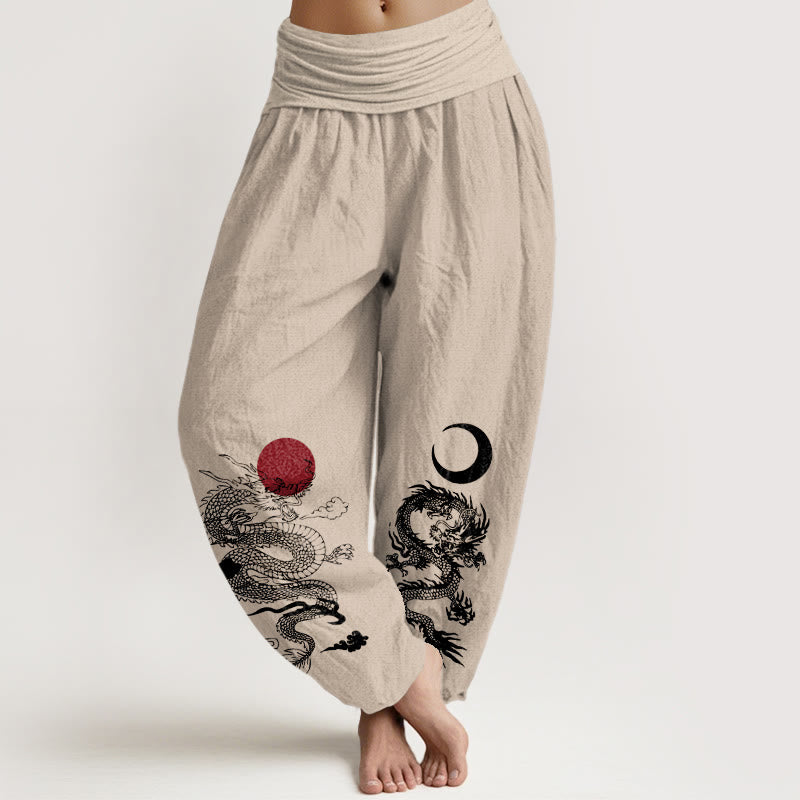 Pantalon Buddha Stones taille élastique pour femme en pur coton avec motif dragon, soleil et lune - Tanné - US22，UK/AU26，EU54 (6XL) - image 11