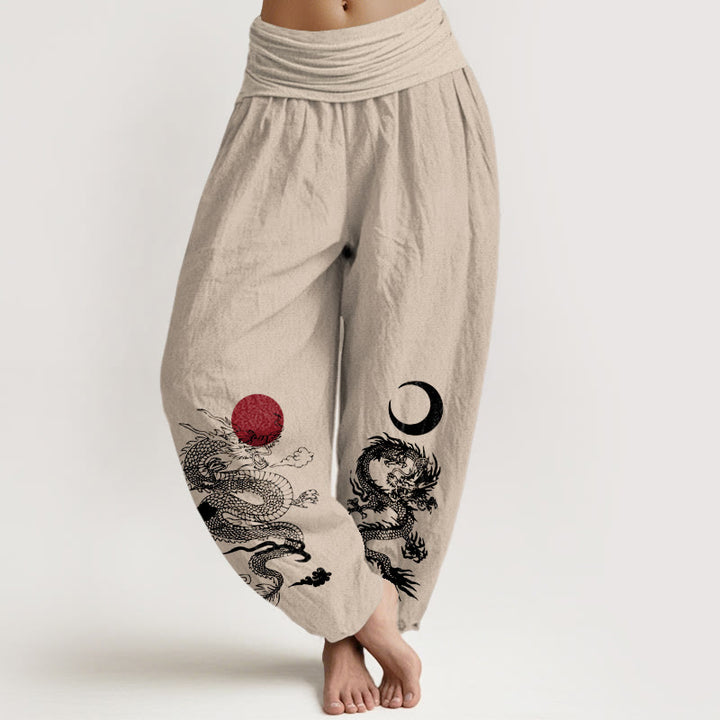 Pantalon Buddha Stones taille élastique pour femme en pur coton avec motif dragon, soleil et lune - Tanné - US22，UK/AU26，EU54 (6XL) - image 11