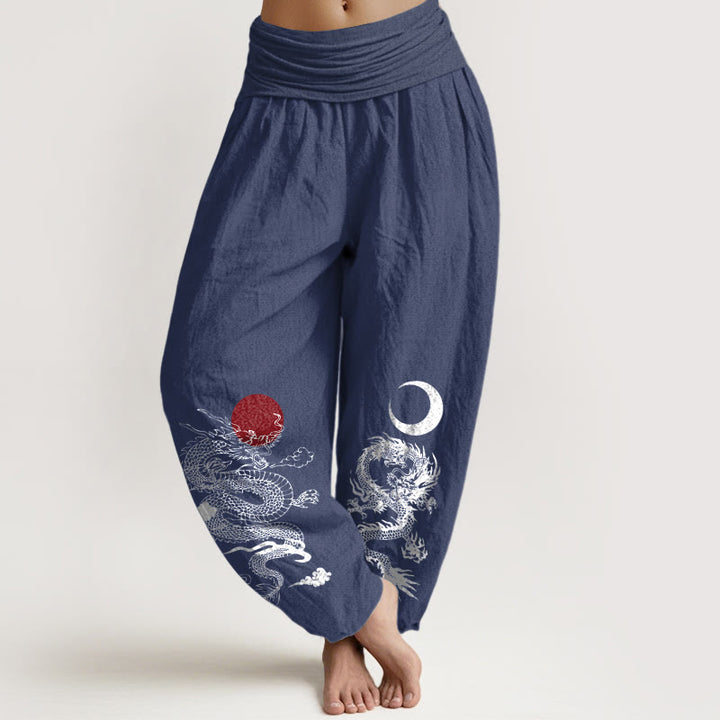 Pantalon Buddha Stones taille élastique pour femme en pur coton avec motif dragon, soleil et lune - Bleu ardoise foncé - US22，UK/AU26，EU54 (6XL) - image 5