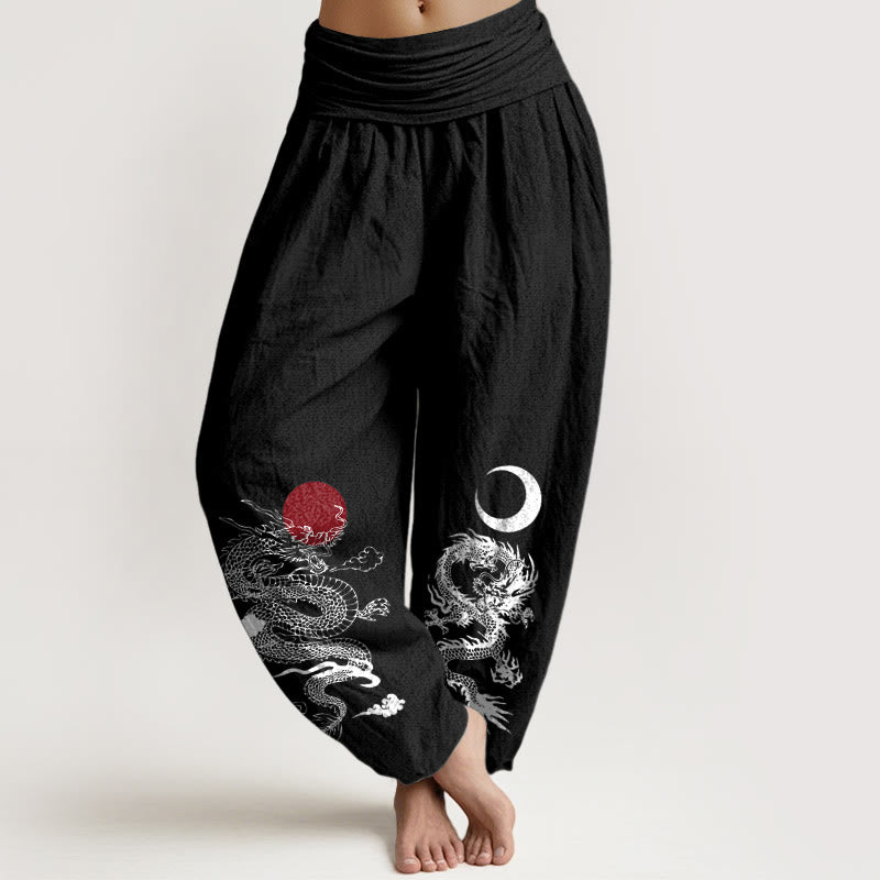 Pantalon Buddha Stones taille élastique pour femme en pur coton avec motif dragon, soleil et lune - Noir - US22，UK/AU26，EU54 (6XL) - image 0