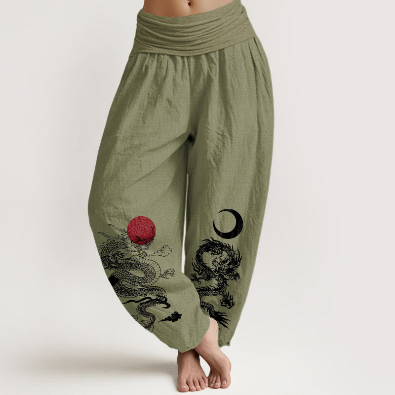 Pantalon Buddha Stones taille élastique pour femme en pur coton avec motif dragon, soleil et lune - Vert olive - US22，UK/AU26，EU54 (6XL) - image 14