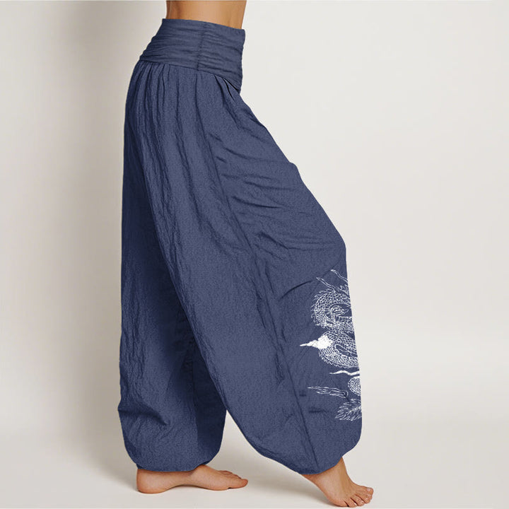 Pantalon Buddha Stones taille élastique pour femme en pur coton avec motif dragon, soleil et lune - image 6