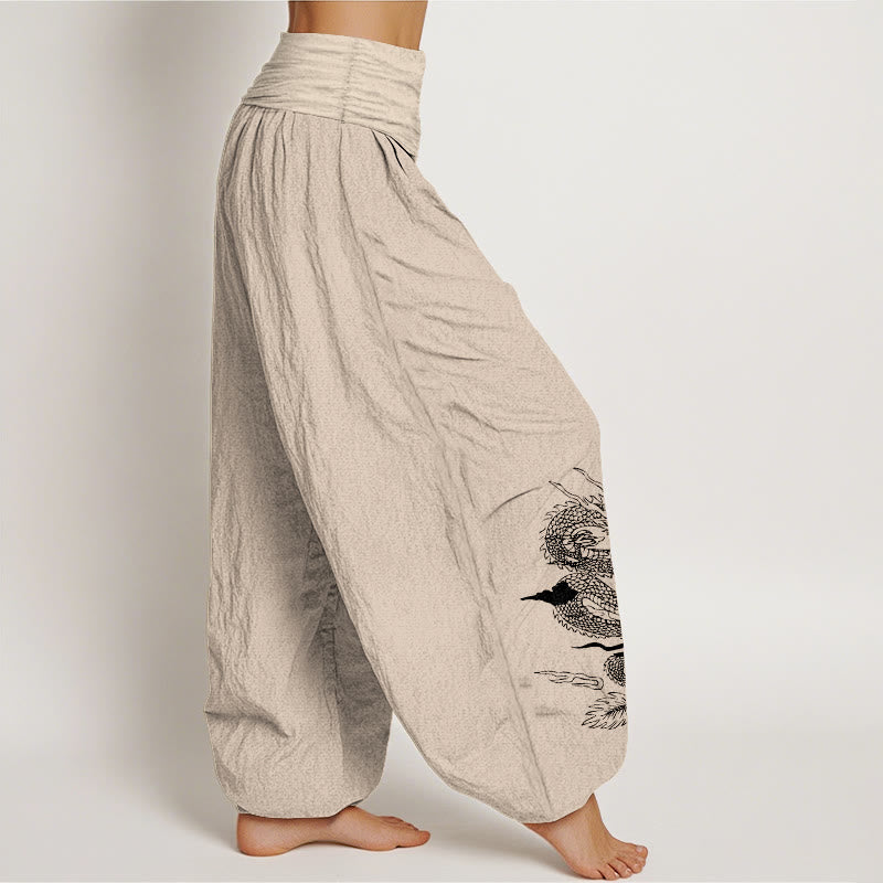 Pantalon Buddha Stones taille élastique pour femme en pur coton avec motif dragon, soleil et lune - image 12