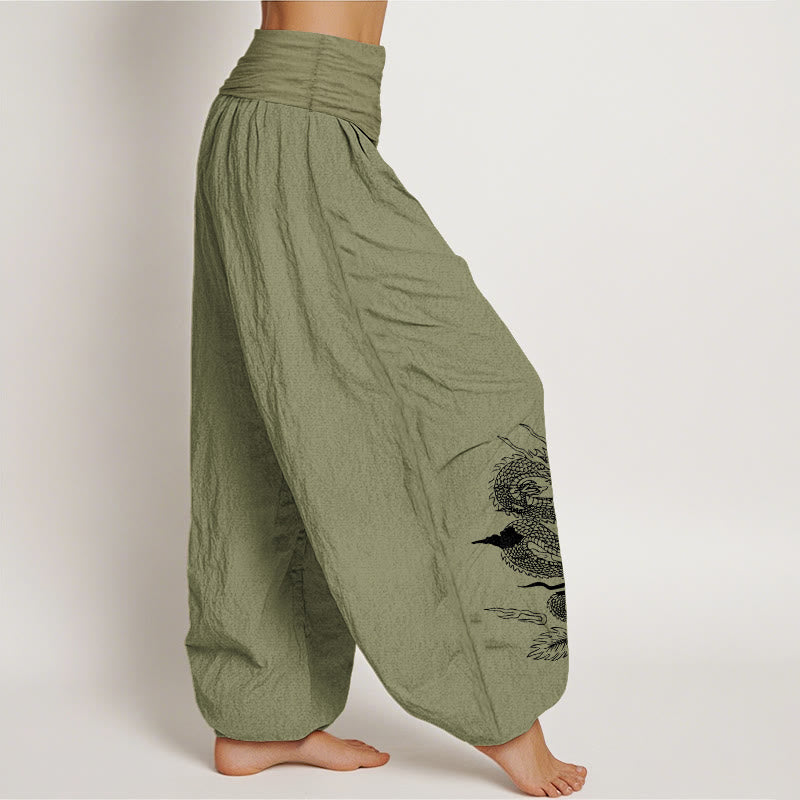 Pantalon Buddha Stones taille élastique pour femme en pur coton avec motif dragon, soleil et lune - image 15