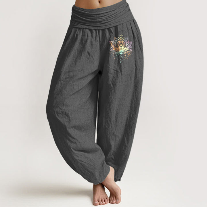 Pantalon sarouel taille élastique en pur coton motif lotus arc-en-ciel Buddha Stones pour femme - Gris terne - US22，UK/AU26，EU54 (6XL) - image 8