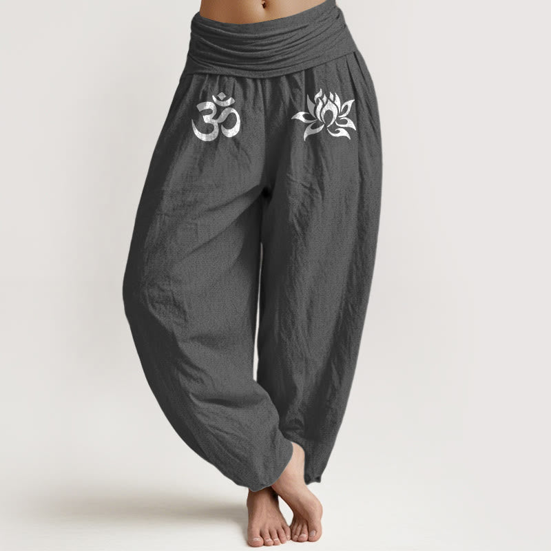 Pantalon sarouel en coton pur, Buddha Stones, couleur unie, symbole Lotus Om, taille élastique, pour femme - Gris foncé - US22，UK/AU26，EU54 (6XL) - image 0