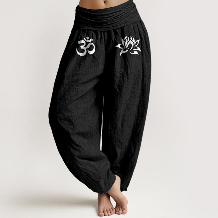Pantalon sarouel en coton pur, Buddha Stones, couleur unie, symbole Lotus Om, taille élastique, pour femme - Noir - US22，UK/AU26，EU54 (6XL) - image 5