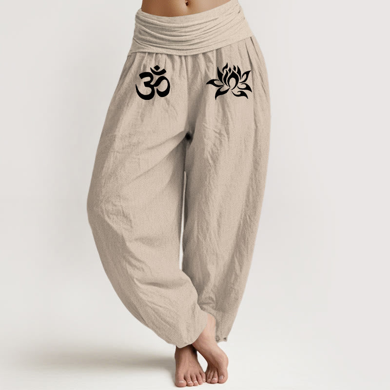 Pantalon sarouel en coton pur, Buddha Stones, couleur unie, symbole Lotus Om, taille élastique, pour femme - Tanné - US22，UK/AU26，EU54 (6XL) - image 11