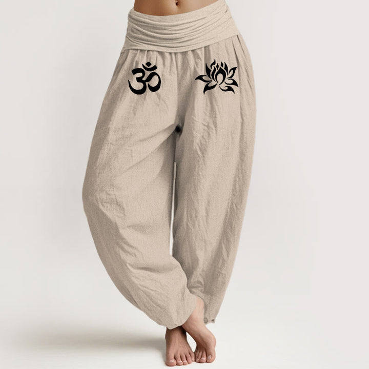 Pantalon sarouel en coton pur, Buddha Stones, couleur unie, symbole Lotus Om, taille élastique, pour femme - Tanné - US22，UK/AU26，EU54 (6XL) - image 11
