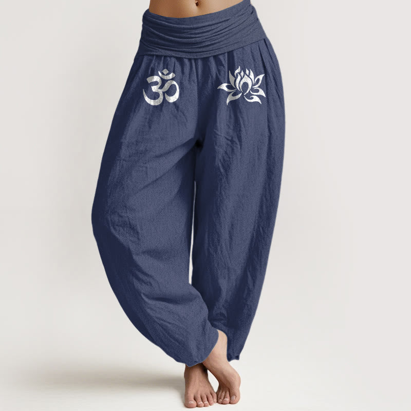 Pantalon sarouel en coton pur, Buddha Stones, couleur unie, symbole Lotus Om, taille élastique, pour femme - Bleu ardoise foncé - US22，UK/AU26，EU54 (6XL) - image 8