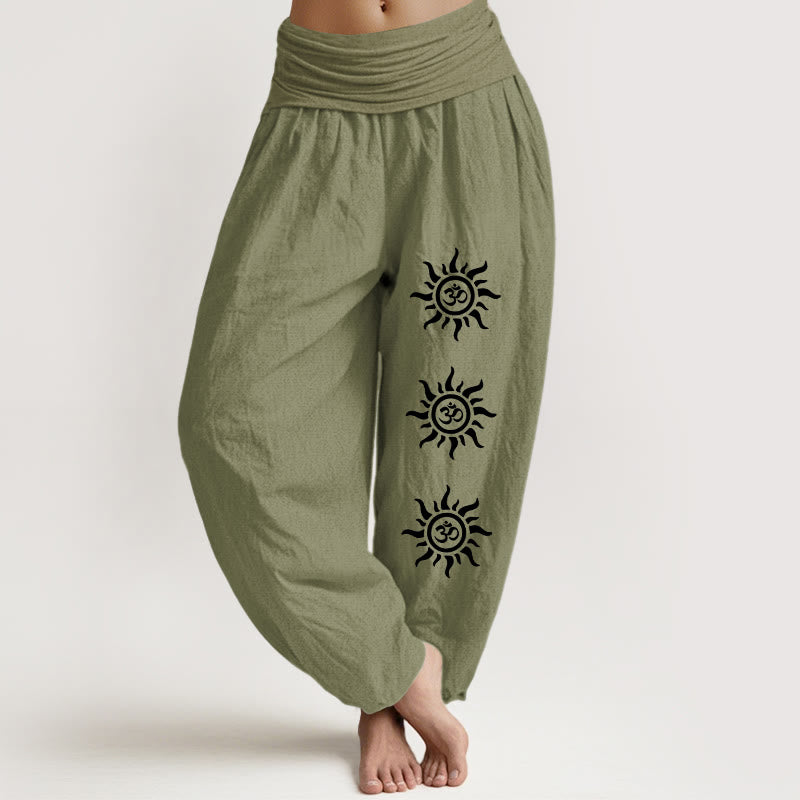 Pantalon Buddha Stones à taille élastique pour femme, couleur unie, en pur coton, motif symbole du soleil Om - Vert olive - US22，UK/AU26，EU54 (6XL) - image 0