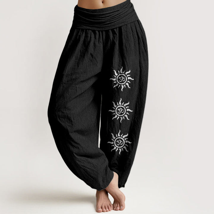 Pantalon Buddha Stones à taille élastique pour femme, couleur unie, en pur coton, motif symbole du soleil Om - Noir - US22，UK/AU26，EU54 (6XL) - image 5