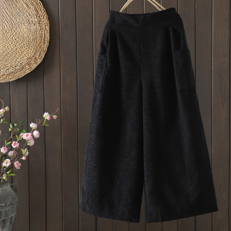 Pantalon large en velours côtelé de coton avec poches et doublure polaire Buddha Stones pour femme - Noir - US8-10，UK/AU12-14，EU40-42 (2XL) - image 10