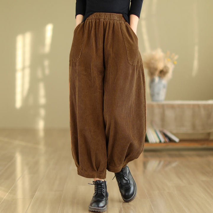 Pantalon sarouel en velours côtelé uni avec poches et ceinture élastique Buddha Stones pour femme - SaddleBrown - US8-10，UK/AU12-14，EU40-42 (2XL) - image 0