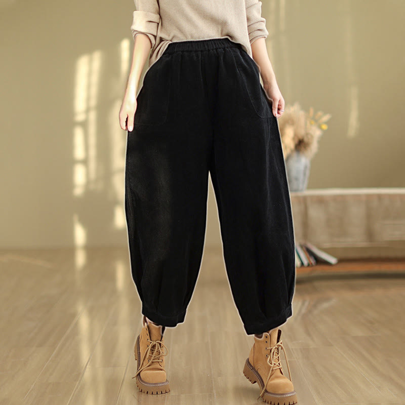 Pantalon sarouel en velours côtelé uni avec poches et ceinture élastique Buddha Stones pour femme - image 9