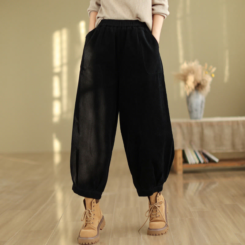 Pantalon sarouel en velours côtelé uni avec poches et ceinture élastique Buddha Stones pour femme - Noir - US8-10，UK/AU12-14，EU40-42 (2XL) - image 6