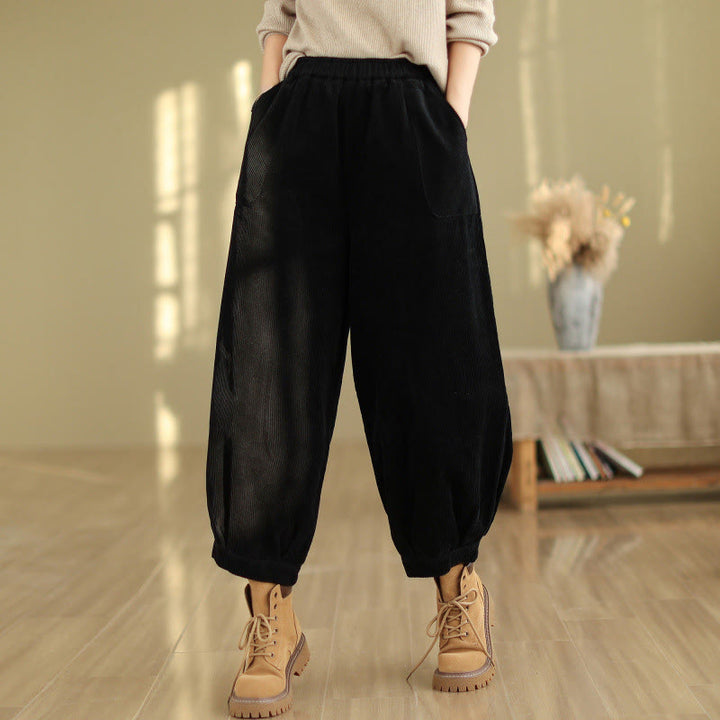 Pantalon sarouel en velours côtelé uni avec poches et ceinture élastique Buddha Stones pour femme - Noir - US8-10，UK/AU12-14，EU40-42 (2XL) - image 6