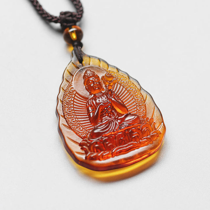 Collier pendentif en forme de feuille Buddha Stones et cristal Liuli, symbole du zodiaque chinois, protection du Bouddha natal - Bodhisattva Cheval-Mahasattva - image 4