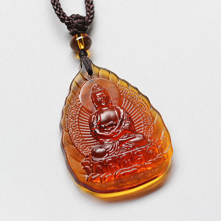 Collier pendentif en forme de feuille Buddha Stones et cristal Liuli, symbole du zodiaque chinois, protection du Bouddha natal - Chèvre/Singe-Tathagata - image 9