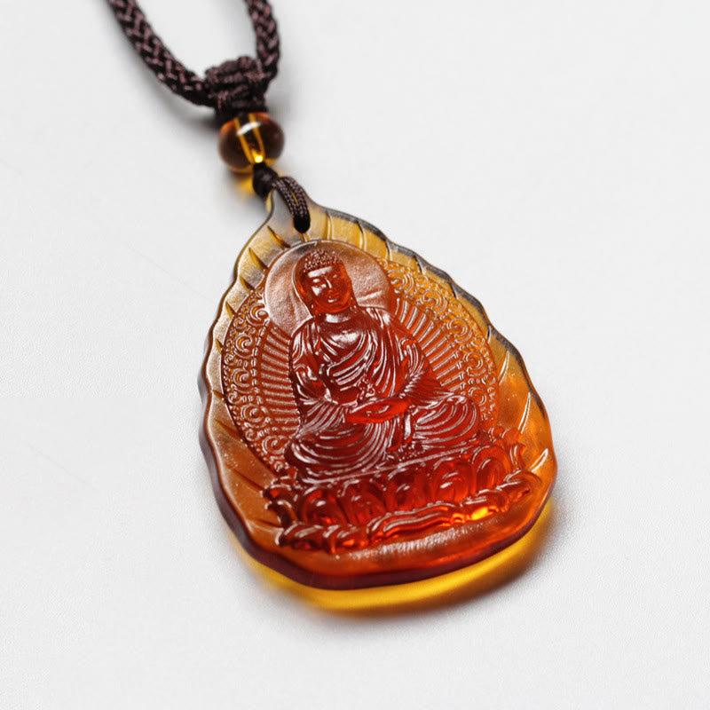 Collier pendentif en forme de feuille Buddha Stones et cristal Liuli, symbole du zodiaque chinois, protection du Bouddha natal - Chien/Cochon-Bouddha Amitabha - image 11