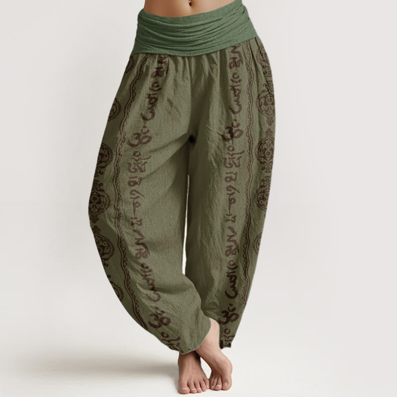 Pantalon sarouel femme taille élastique motif Buddha Stones en pur coton Mandala Om Mani Padme Hum - Vert olive foncé - US22，UK/AU26，EU54 (6XL) - image 5