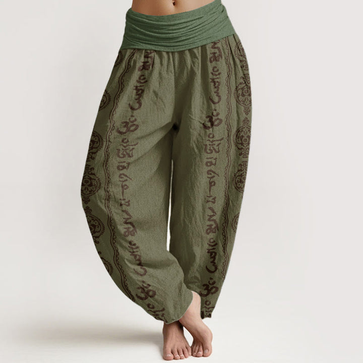 Pantalon sarouel femme taille élastique motif Buddha Stones en pur coton Mandala Om Mani Padme Hum - Vert olive foncé - US22，UK/AU26，EU54 (6XL) - image 5
