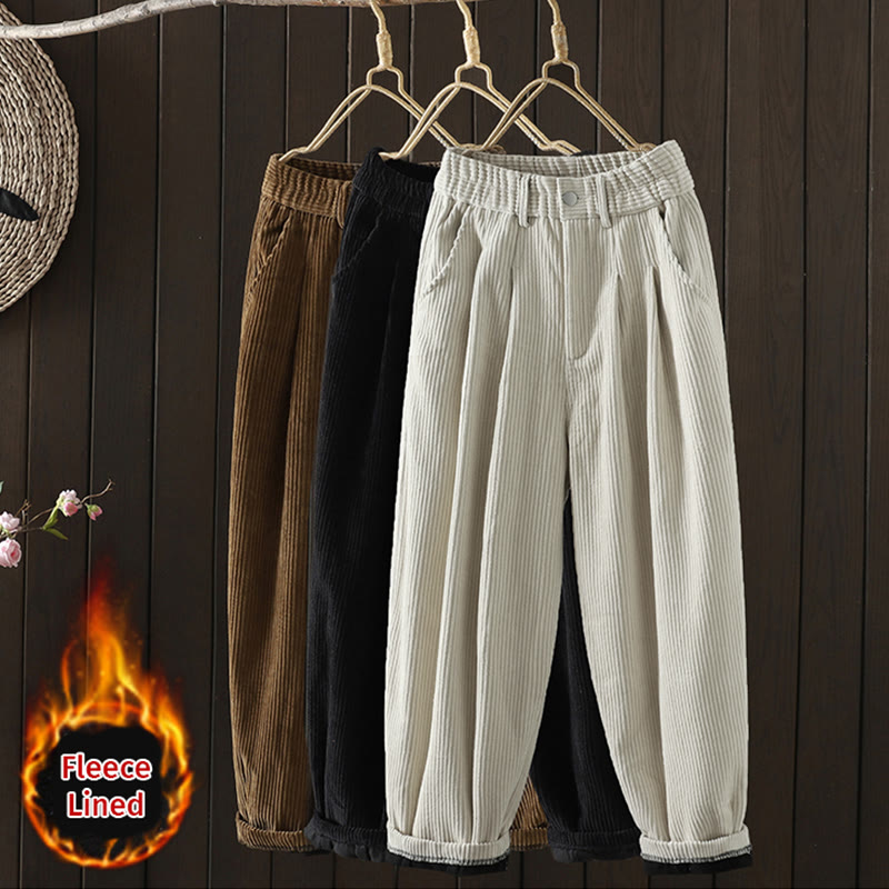 Pantalon Buddha Stones d'hiver en velours côtelé uni pour femme, taille haute, doublé polaire et poches - image 23