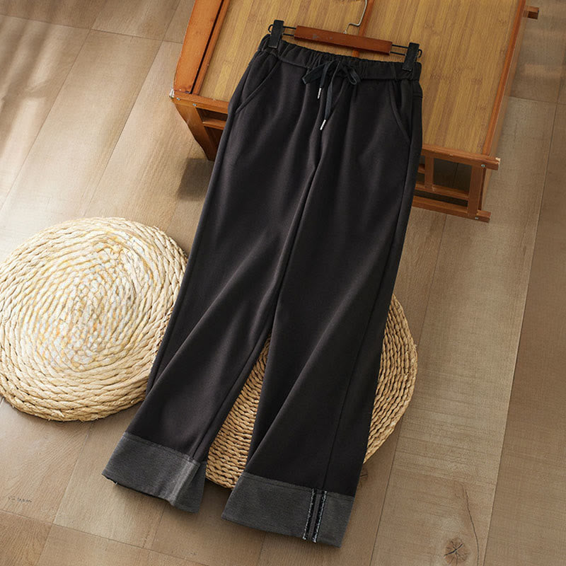 Pantalon d'hiver Buddha Stones épais à taille élastique et coupe droite pour femme avec poches - Noir - US8-10，UK/AU12-14，EU40-42 (2XL) - image 0