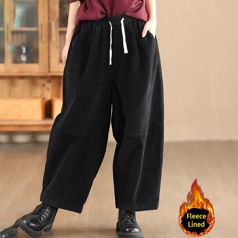 Pantalon en velours côtelé de coton doublé polaire thermique avec cordon de serrage et poches pour femme Buddha Stones - Noir (doublé en polaire) - US14，UK/AU18，EU46 (4XL) - image 7