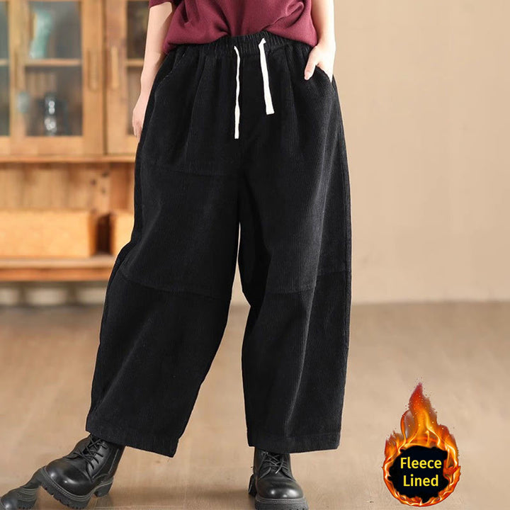 Pantalon en velours côtelé de coton doublé polaire thermique avec cordon de serrage et poches pour femme Buddha Stones - Noir (doublé en polaire) - US14，UK/AU18，EU46 (4XL) - image 7