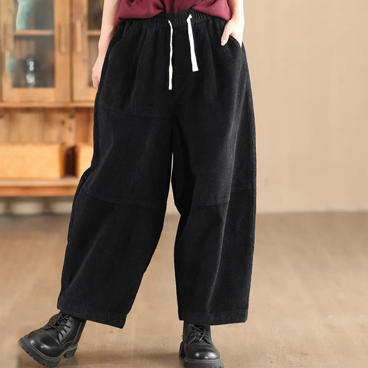 Pantalon en velours côtelé de coton doublé polaire thermique avec cordon de serrage et poches pour femme Buddha Stones - Noir - US14，UK/AU18，EU46 (4XL) - image 3