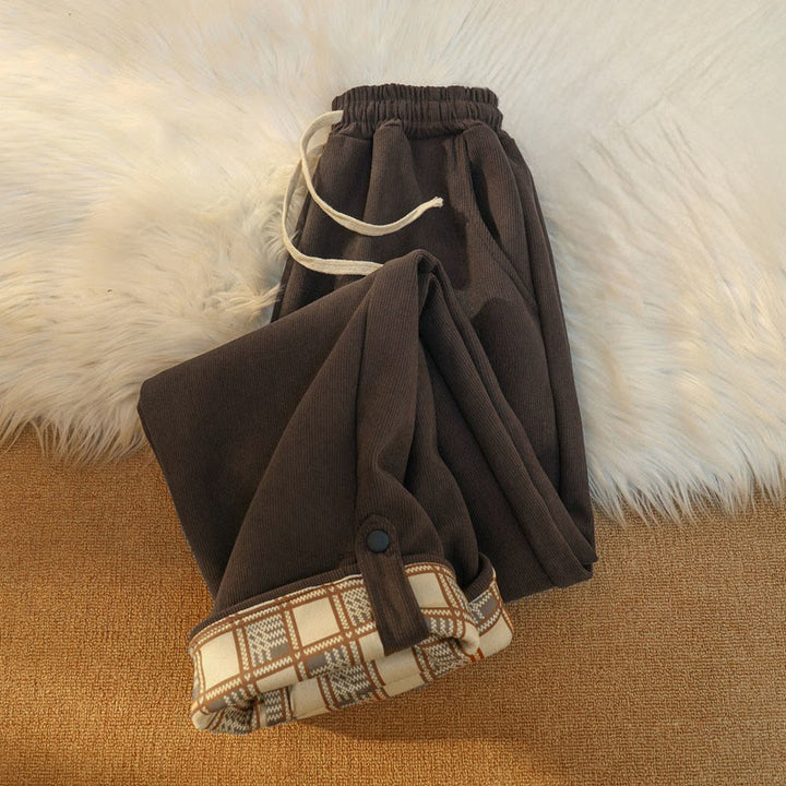 Pantalon large en velours côtelé de coton patchwork pour femme Buddha Stones, doublé polaire, avec poches - image 7