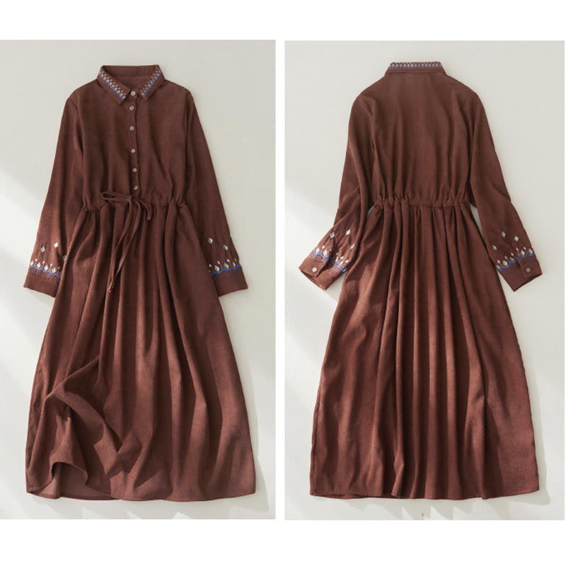 Robe midi à manches longues et poches, ornée de broderies florales et de motifs de Buddha Stones - image 7