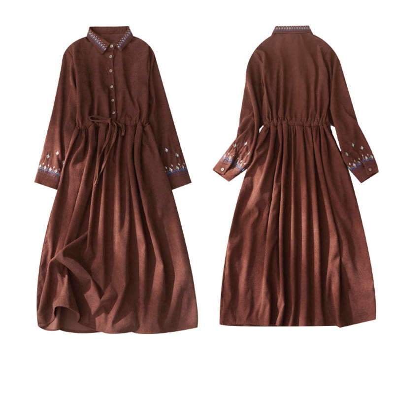 Robe mi-longue à manches longues et poches, motif floral brodé de Buddha Stones, à lacets - image 9