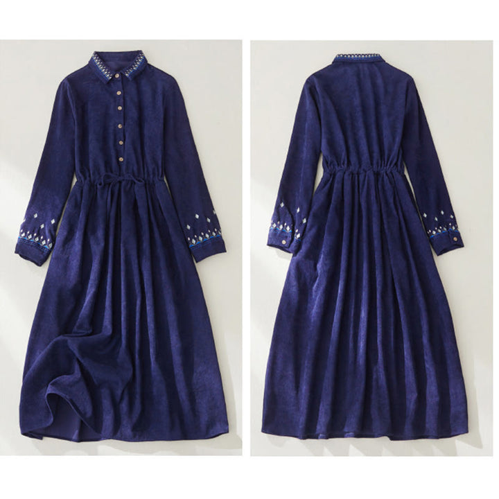 Robe mi-longue à manches longues et poches, motif floral brodé de Buddha Stones, à lacets - image 13