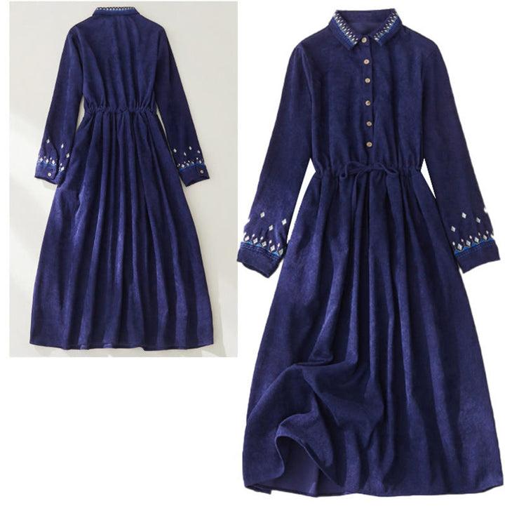 Robe mi-longue à manches longues et poches, motif floral brodé de Buddha Stones, à lacets - image 14