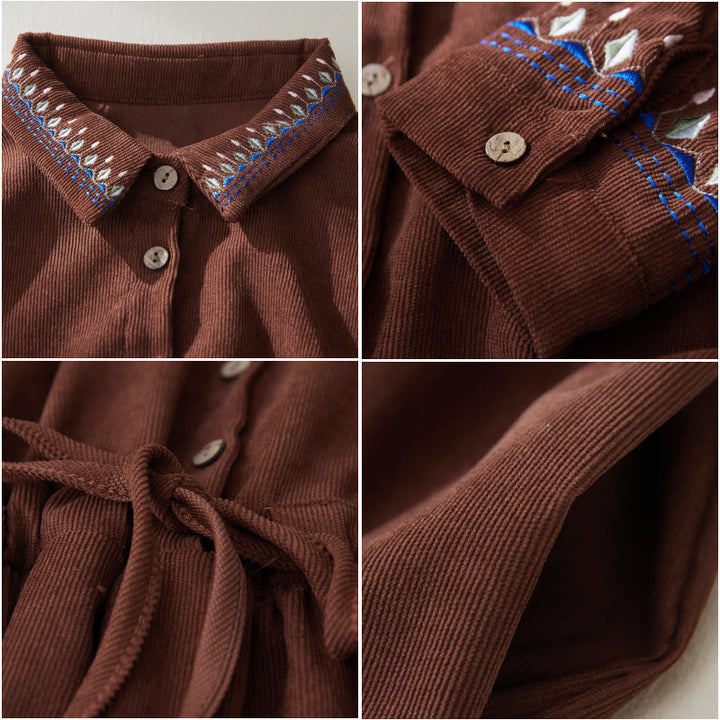 Robe mi-longue à manches longues et poches, motif floral brodé de Buddha Stones, à lacets - image 6