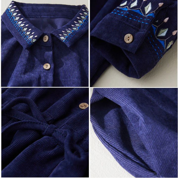 Robe mi-longue à manches longues et poches, motif floral brodé de Buddha Stones, à lacets - image 12