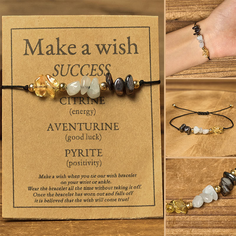 Bracelet de cartes de réussite en corde avec Buddha Stones, citrine, aventurine verte et pyrite - Perles irrégulières (tour de poignet : 14-23 cm) - image 0