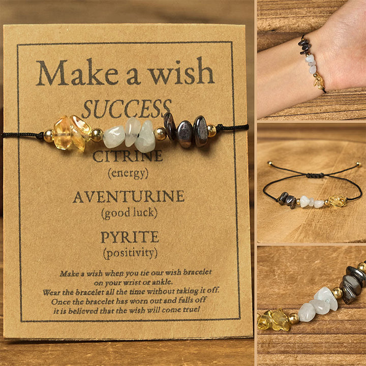 Bracelet de cartes de réussite en corde avec Buddha Stones, citrine, aventurine verte et pyrite - Perles irrégulières (tour de poignet : 14-23 cm) - image 0
