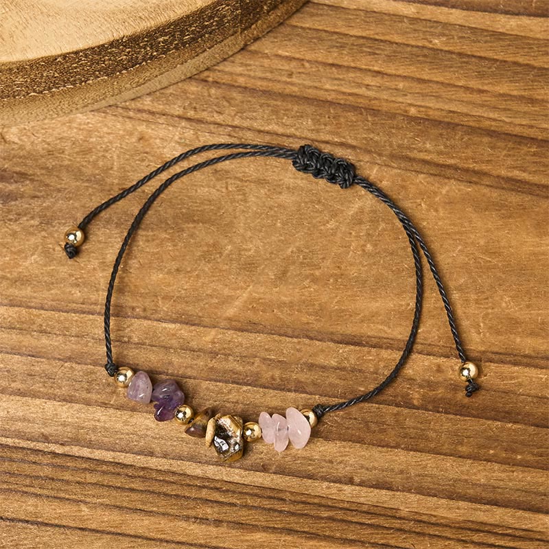 Bracelet en corde avec Buddha Stones, améthyste, œil de tigre, quartz rose, protection anti-anxiété - image 3