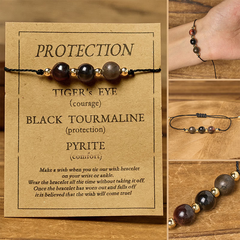 Bracelet de protection en corde avec Buddha Stones, œil de tigre, tourmaline noire et pyrite - Perles rondes (tour de poignet : 14-23 cm) - image 10
