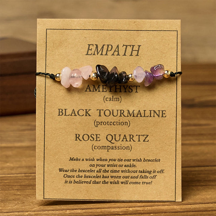 Bracelet en corde avec carte d'empathie et Buddha Stones, tourmaline noire et quartz rose - image 1